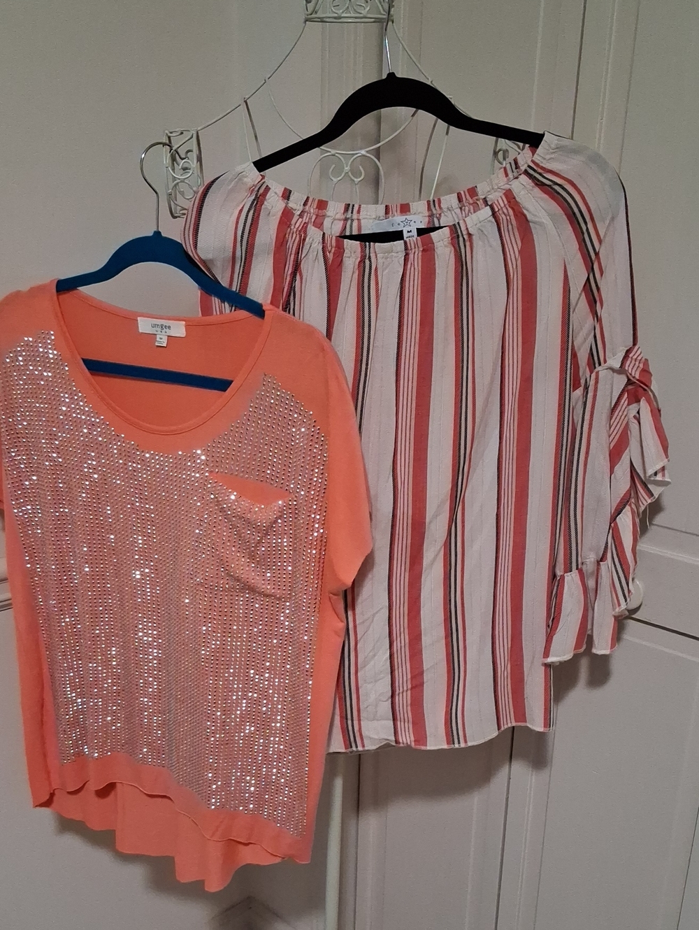 Umgee Coral Sequin Pocket Tee & White Coral-Striped Off-Shoulder Blouse Bundle